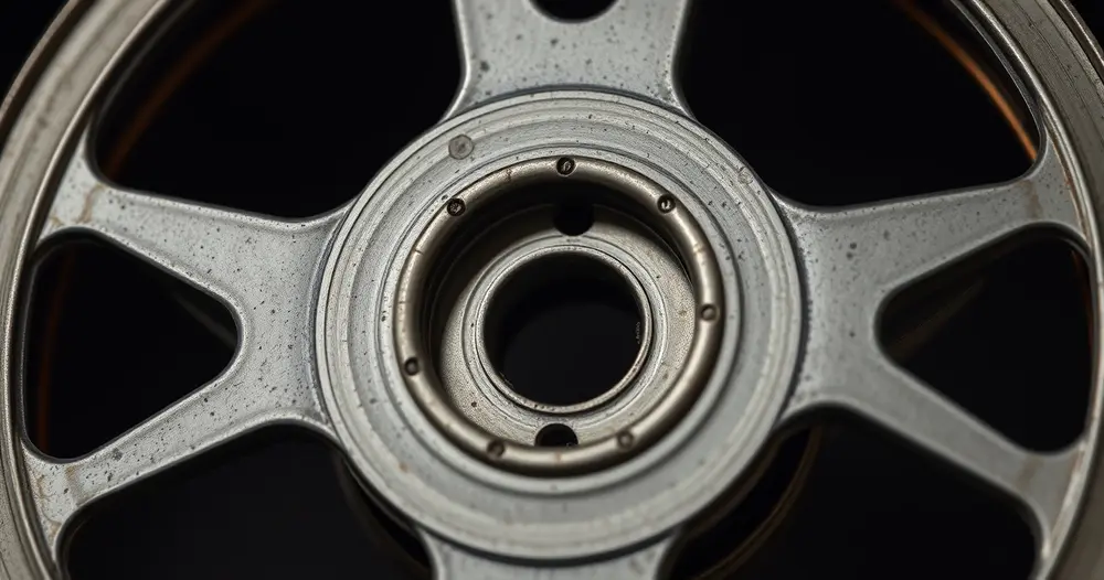 Detalhe macro dos raios e do cubo central de um rolo de filme metálico antigo sobre fundo escuro
