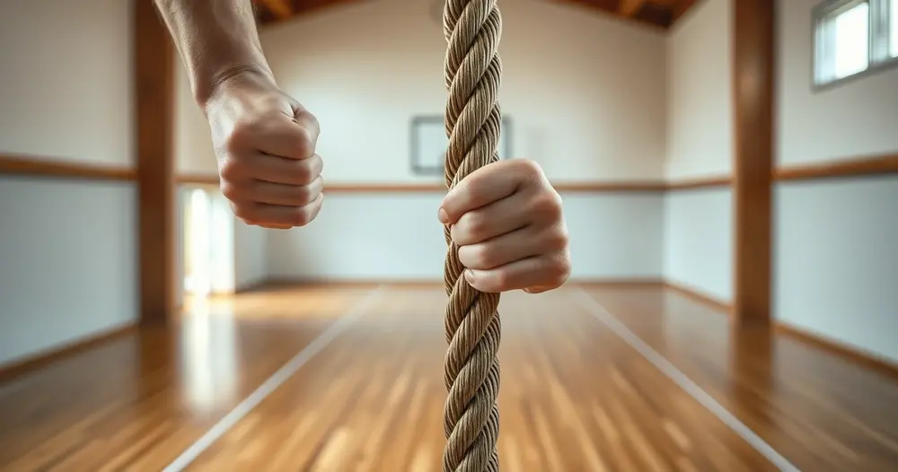 Duas mãos segurando uma corda grossa de escalada dentro de um ginásio de piso de madeira