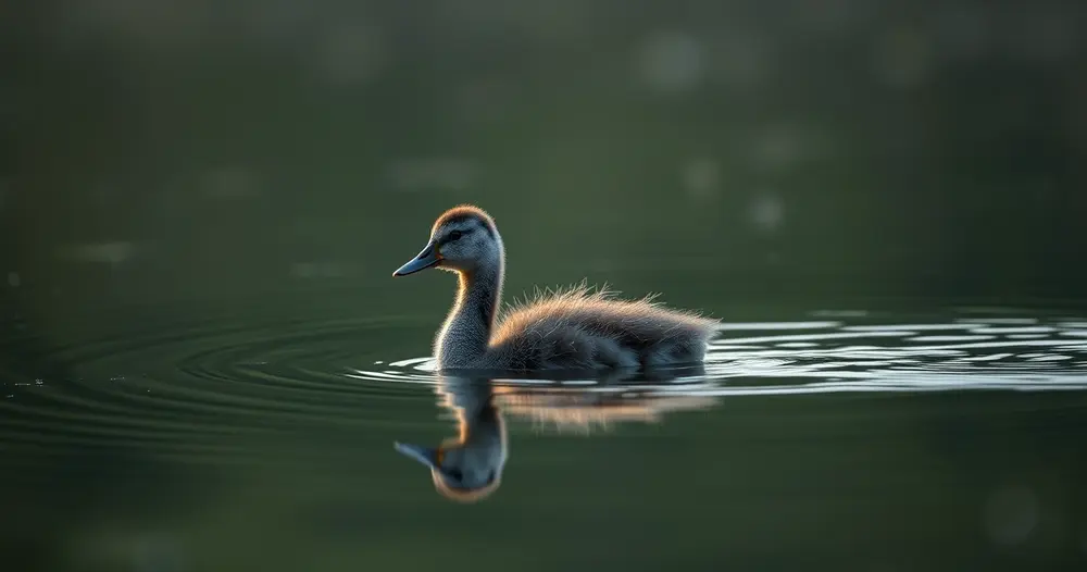 Filhote de pato cinzento nadando sozinho em água escura e parada ao amanhecer